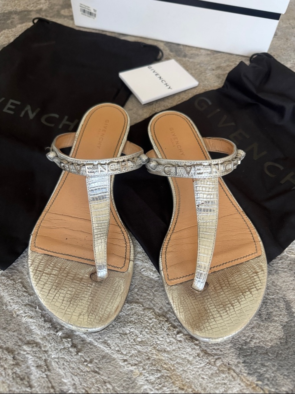 Givenchy Silver Croc-Embossed Thong Sandals with Crystal Trim - Picture 3 of 6